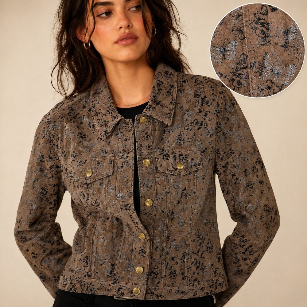 REDD Jeans Womens 8 Suede Leather Floral Butterfly Jacket Brown Y2K Whimsigoth